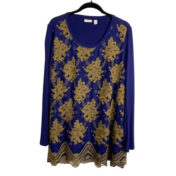 LOGO by Lori Goldstein Tops - LOGO Lavish by Lori Goldstein‎ Sz XL Blue Embroidered Overlay Tunic Top Fairy